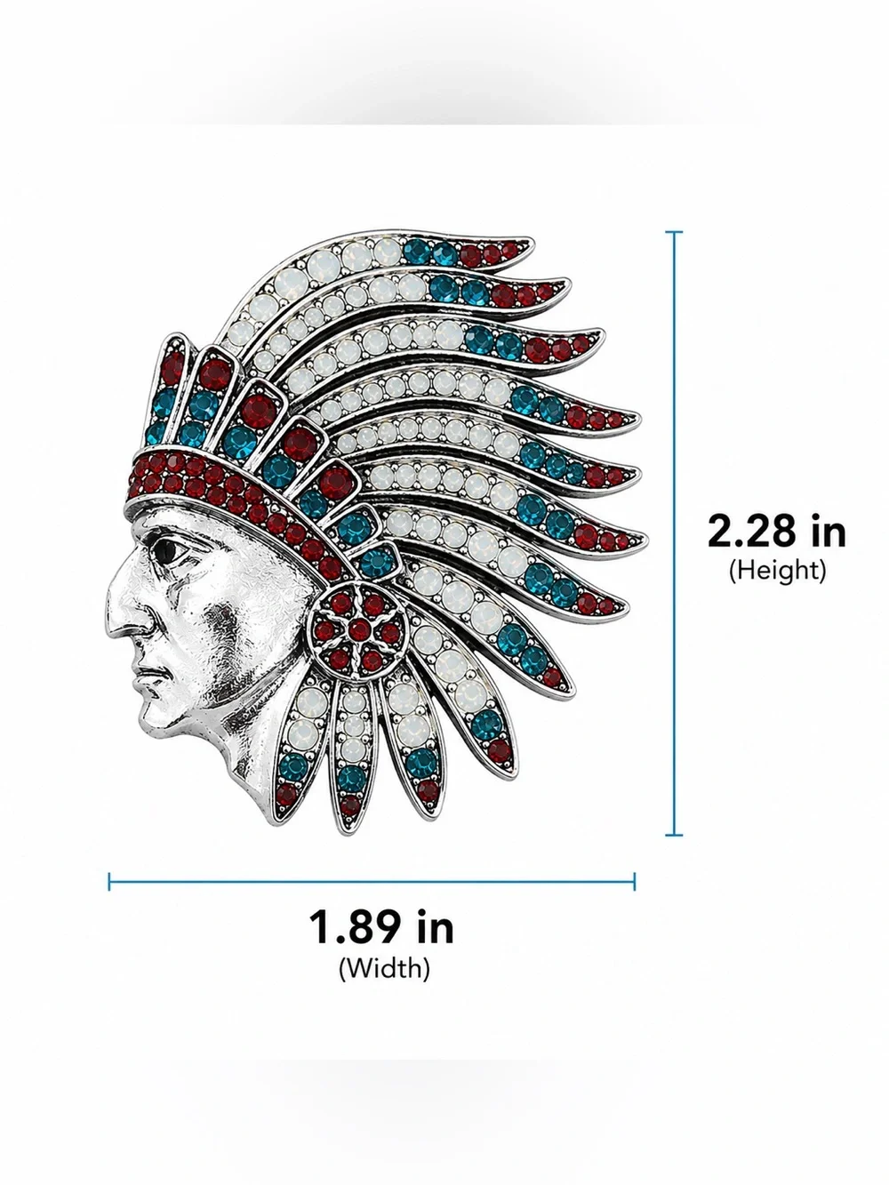 Silver Tone Native American Chief Headdress Brooch Red Blue White Rhinestone